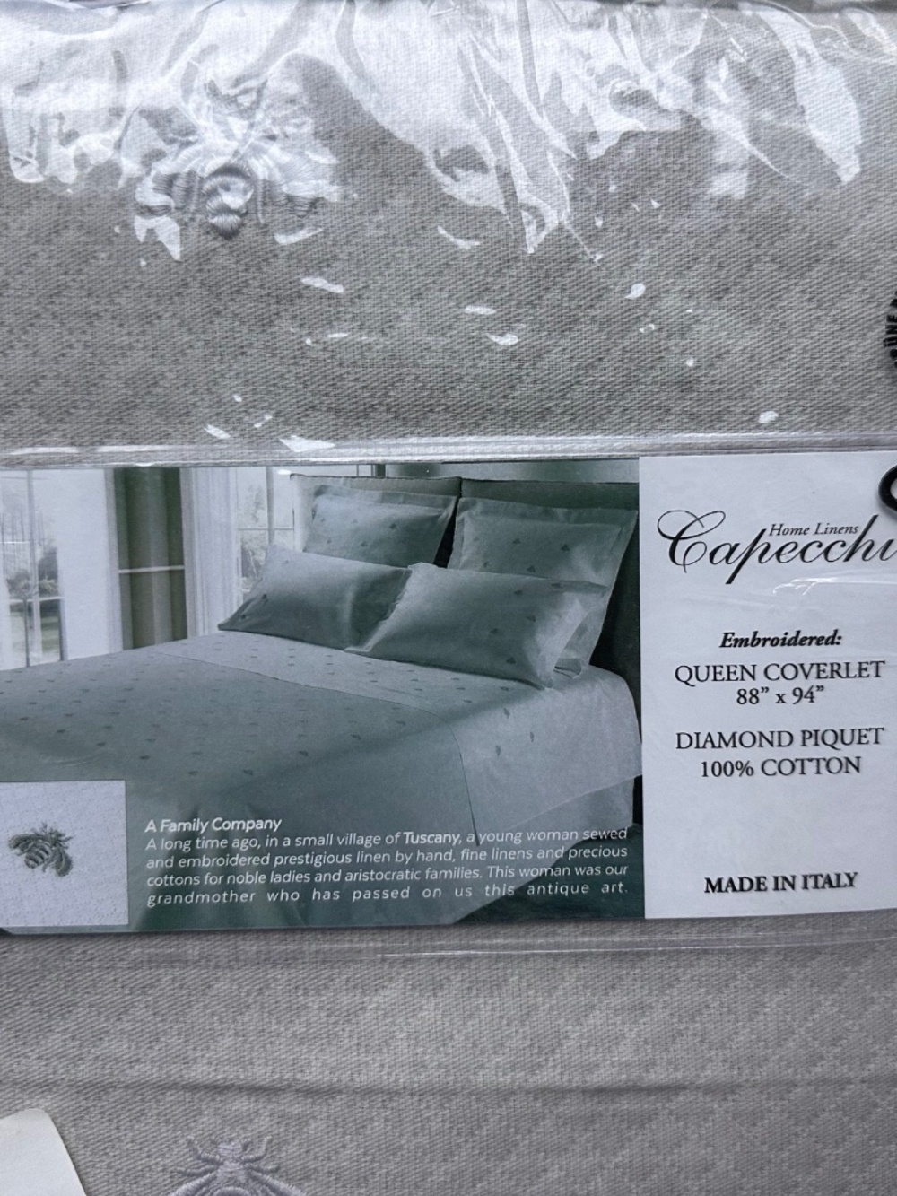 Capecchi Diamond Piquet Embroidered Queen Cotton Coverlet Made In Italy, Gray